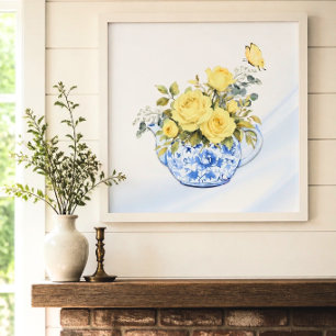 Gelbe Rose Blaue und Weiße Teekanne Poster