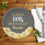 Gelbe Rose Blume Floral 80. Geburtstag Pappteller<br><div class="desc">Gelbe Rose Blume Floral 80. Geburtstag Teller. Schöne gelbe Rosen. Der Hintergrund ist grau. Der Text ist in den Farben weiß und gelb und leicht anpassbar - personalisieren Sie ihn mit Ihrem Namen und Alter. Ideal für die achtzigste Geburtstagsparty einer Frau.</div>
