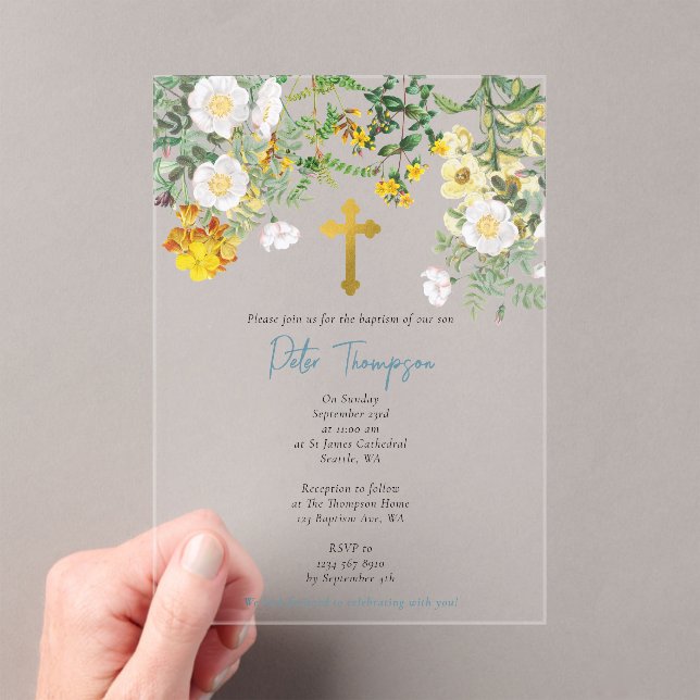 Gelbe Rose Blumengarten Taufe Acryleinladungen (Insitu (Handheld))