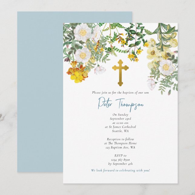 Gelbe Rose Blumengarten Taufe Einladung (Vorne/Hinten)