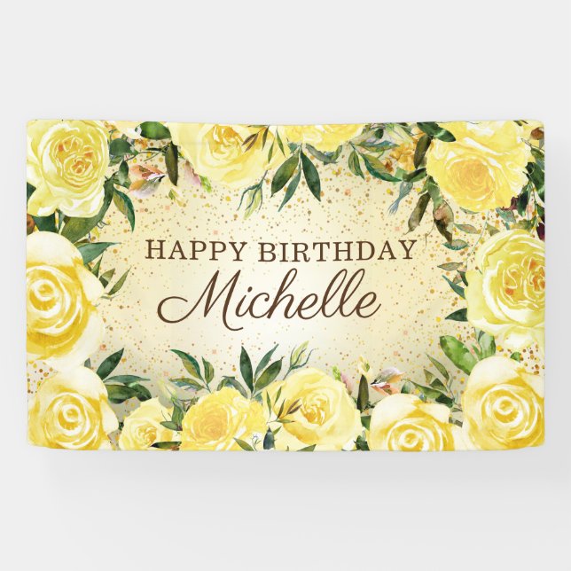 Gelbe Rose der Blüte Gold Glitzer Happy Birthday Banner (Horizontal)