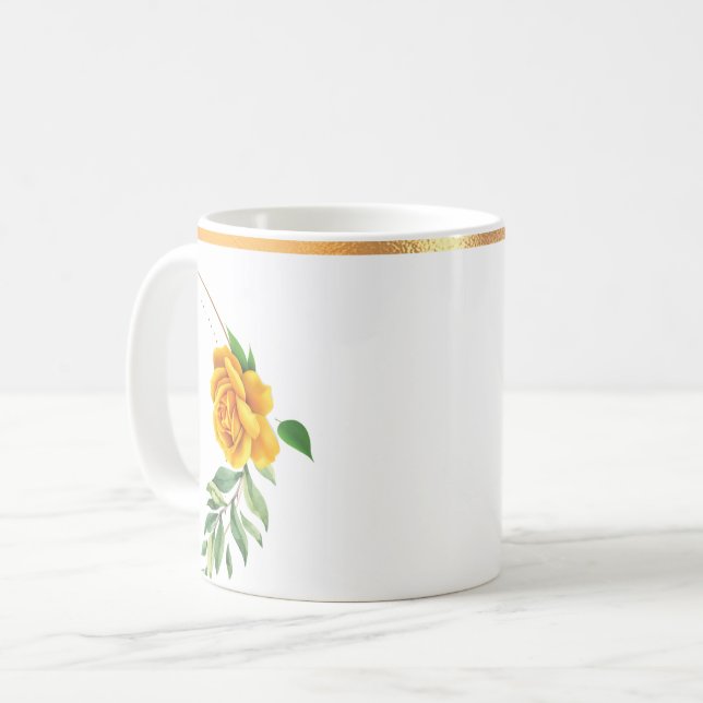 Gelbe Rose Goldmedaille Rimmed Blumenkaffee Tasse (Vorderseite Links)