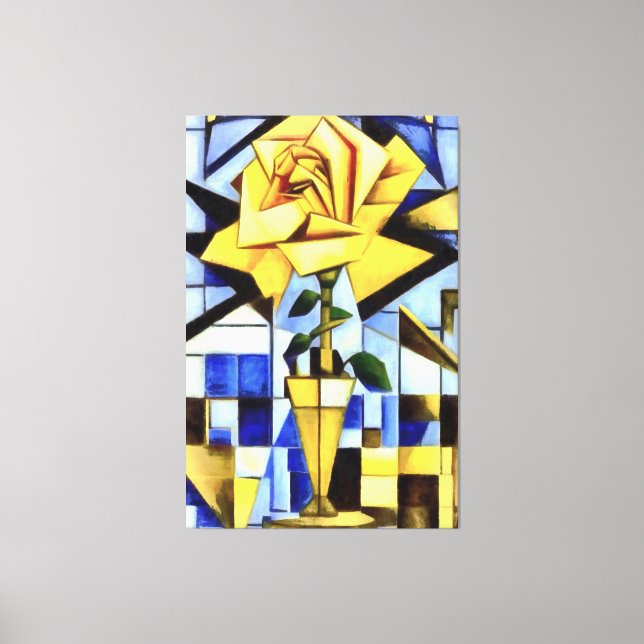 Gelbe Rose in gelber Vase, geometrische Standzeit Leinwanddruck (Vorderseite)