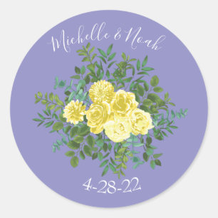 Gelbe Rose & Lila Immergrün-Hochzeit Runder Aufkleber
