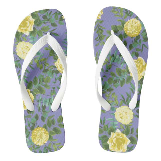 Gelbe Rose & Lila Periwinkle Hochzeit Flip Flops (Fußbett)
