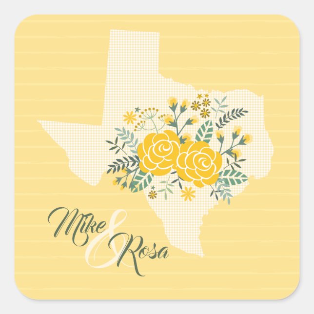 Gelbe Rose von Texas - Hochzeit von Gingham Staat Quadratischer Aufkleber (Vorderseite)