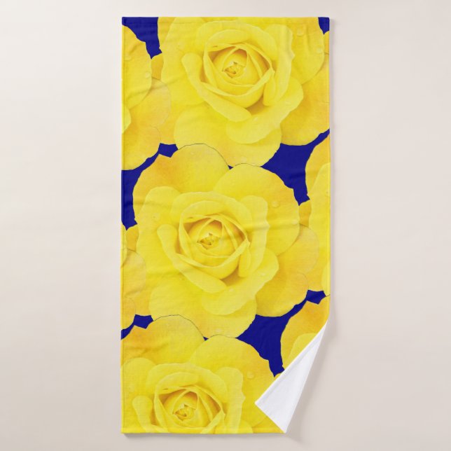 Gelbe Rosen Blume Gold Blumenmuster Navy Blau Badehandtuch (Badehandtuch)