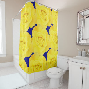 Gelbe Rosen Blume Gold Blumenmuster Navy Blau Duschvorhang