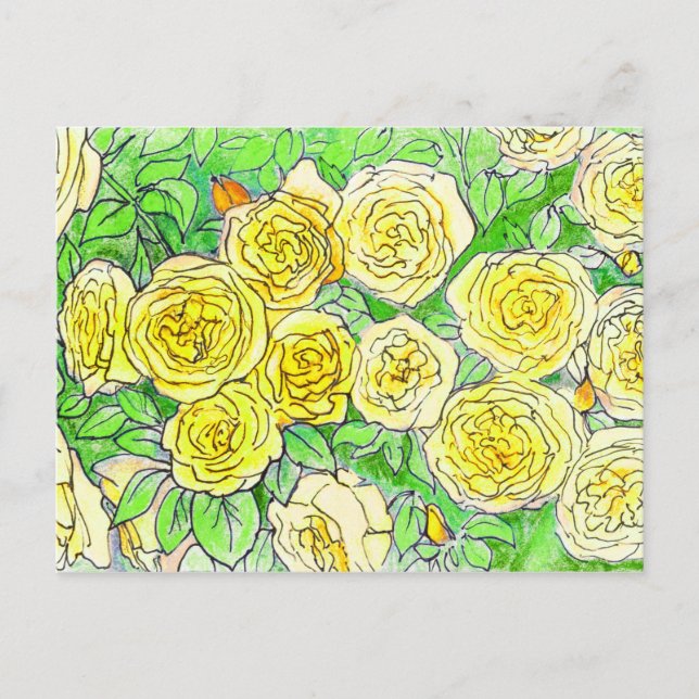 Gelbe Rosen, Grüne Blätter Rose Garten Blumenmuseu Postkarte (Vorderseite)
