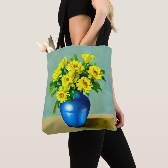 Gelbe Rosen in Blauer Vase Boho Kunst (Von Nahem)