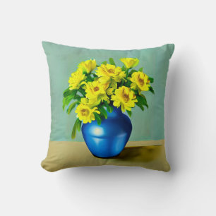 Gelbe Rosen in Blauer Vase Boho Kunst Kissen