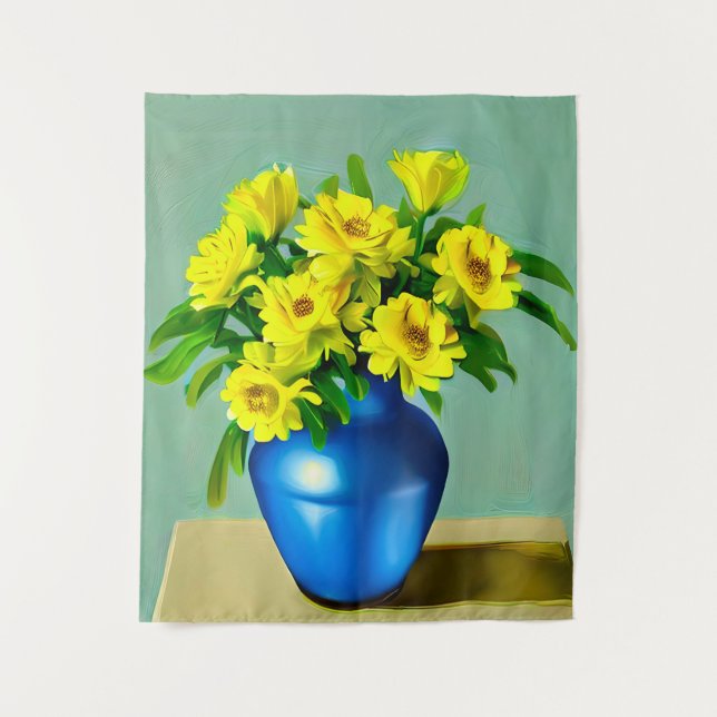 Gelbe Rosen in Blauer Vase Boho Kunst Wandteppich (Vorderseite)