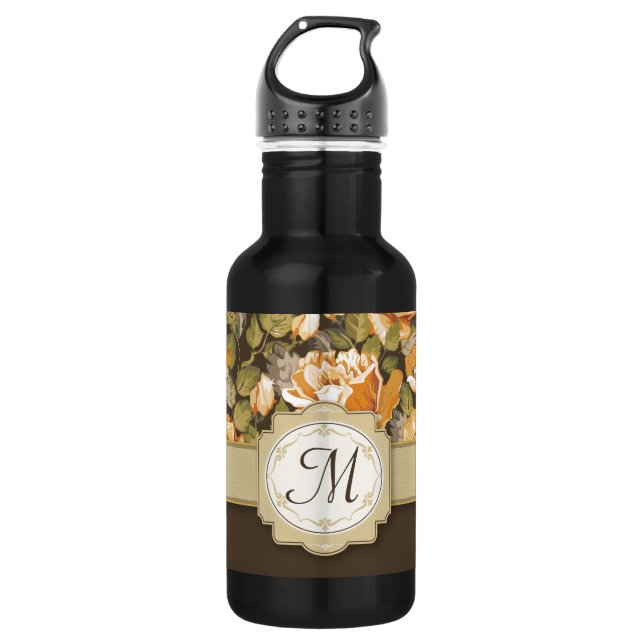 Gelbe Rosen in Braun mit Monogramm Edelstahlflasche (Vorderseite)