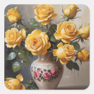 Gelbe Rosen in Vase Quadratischer Aufkleber