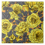 Gelbe Rosen mit grauen Blätter auf Orange Fliese<br><div class="desc">Handgezeichnet nahtloses Vektormuster mit Rose.</div>