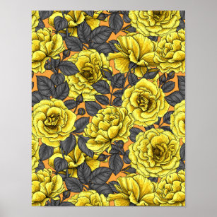 Gelbe Rosen mit grauen Blätter auf Orange Poster