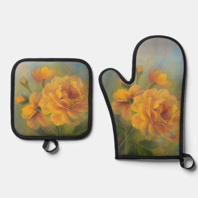 Gelbe Rosen Ofenhandschuh & Topflappen-Set (Vorderseite)