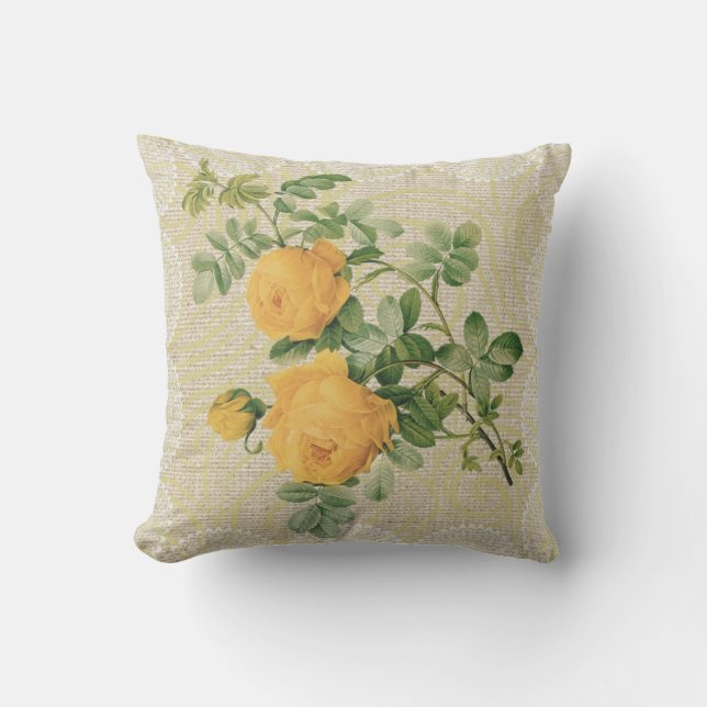 Gelbe Rosen u. Vintages mit Blumenkissen der Kissen (Vorderseite)