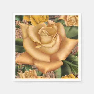 Gelbe Rosen und ländliche rustikale Holz Hochzeits Serviette