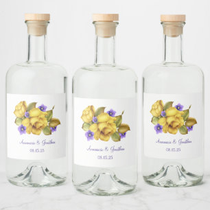 Gelbe Rosen und Lila Violetten Gastgeschenk Hochze Alkoholflaschenetikett