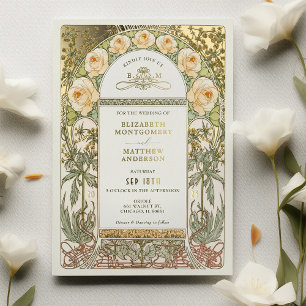 Gelbe Rosen Vintage-Hochzeit Art Nouveau Folieneinladung