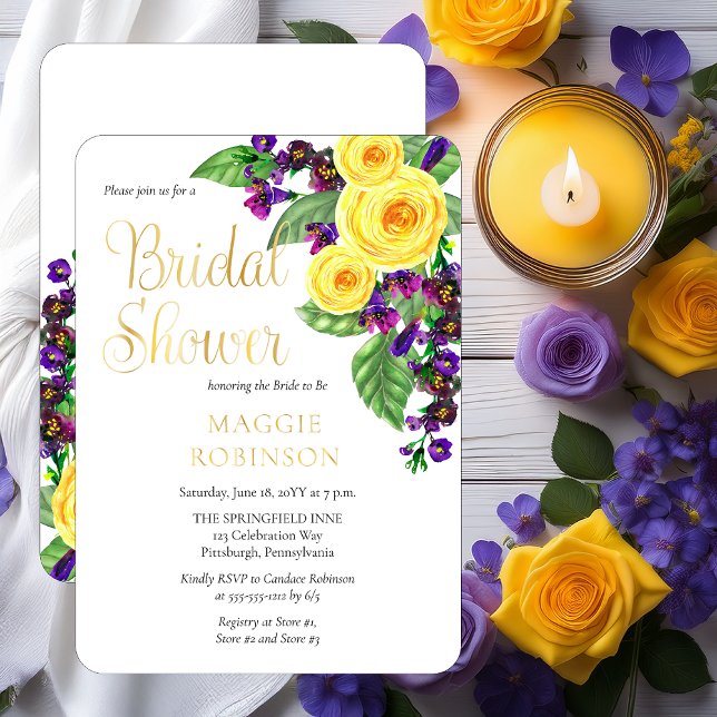 Gelbe Rosen | Violets Boho Floral Brautparty Folieneinladung (Elegant Yellow Roses and Purple Violets Floral Gold Foil Bridal Shower Invitation)