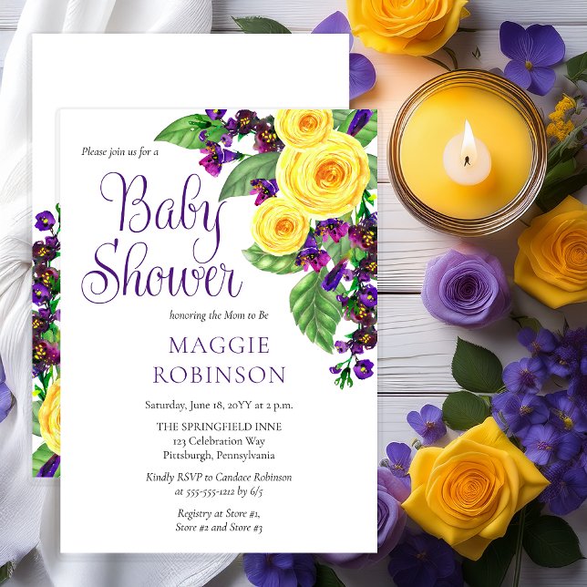 Gelbe Rosen |Violets Boho Floral Girl Babydusche Einladung (Elegant Yellow Roses and Purple Violets Floral Baby Shower Invitation - Print | Digital)