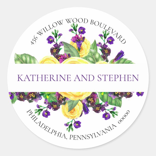 Gelbe Rosen | Violets Boho Floral Rücksendeadresse Runder Aufkleber (Vorderseite)