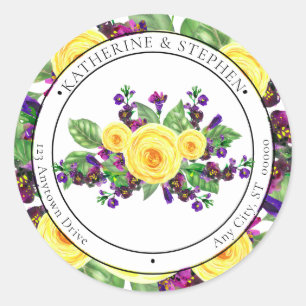 Gelbe Rosen   Violets Boho Floral Rücksendeadresse Runder Aufkleber