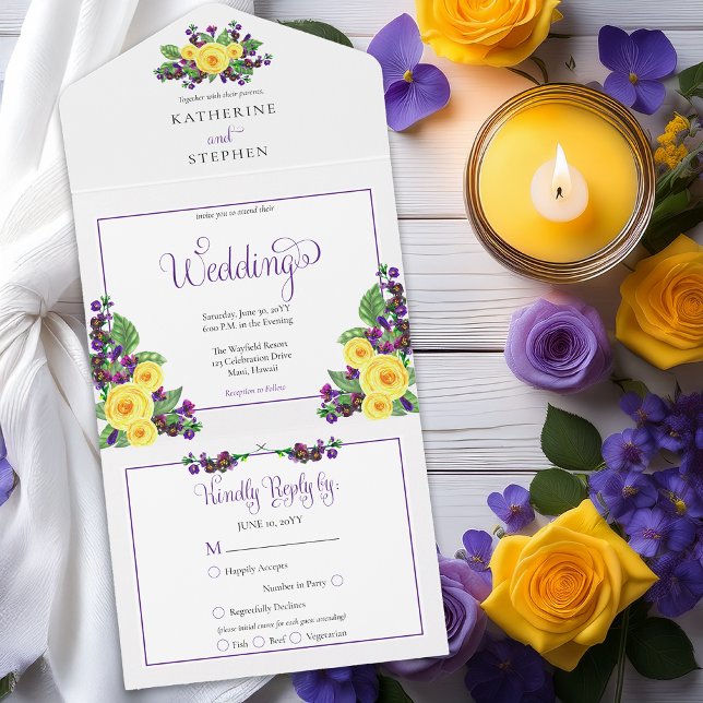 Gelbe Rosen | Violets Boho Floral Wedding All In One Einladung (Elegant Yellow Roses and Purple Violets Floral All in One Wedding Invitation)