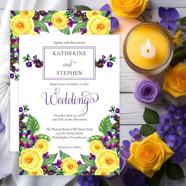 Gelbe Rosen |Violets Boho Floral Wedding Einladung (Elegant Yellow Roses and Purple Violets Floral Wedding  Invitation - Print | Digital)