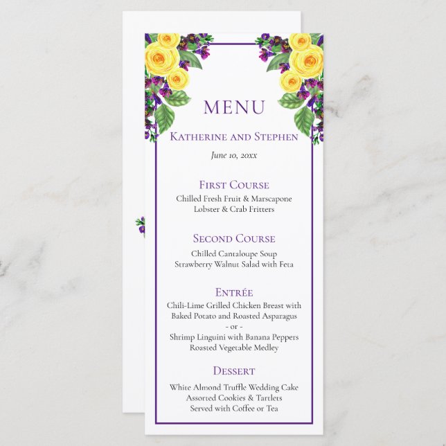 Gelbe Rosen | Violets Boho Floral Wedding Menu Menükarte (Vorne/Hinten)
