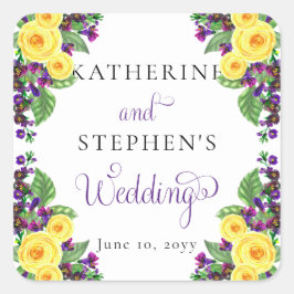 Gelbe Rosen | Violets Boho Floral Wedding Quadratischer Aufkleber