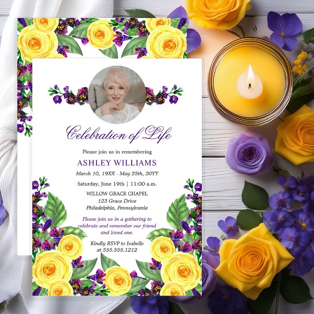 Gelbe Rosen |Violette Blumenfeier I Einladung (Elegant Yellow Roses and Purple Violets Floral 90th Celebration of Life Invitation - Print | Digital)