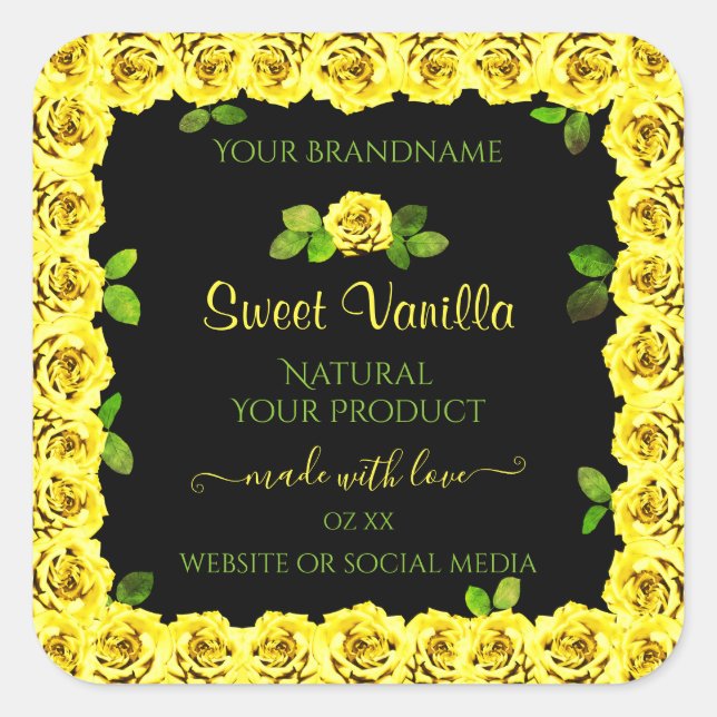 Gelbe Rosenrahmen auf dem Etikett für schwarze Pro Quadratischer Aufkleber (Vorderseite)