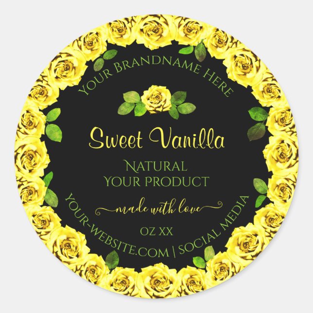Gelbe Rosenrahmen auf dem Etikett für schwarze Pro Runder Aufkleber (Vorderseite)