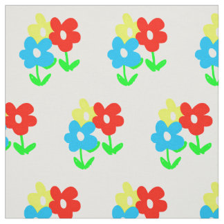 Gelbe rote blaue Blumen des Frühlinges auf weißem Stoff