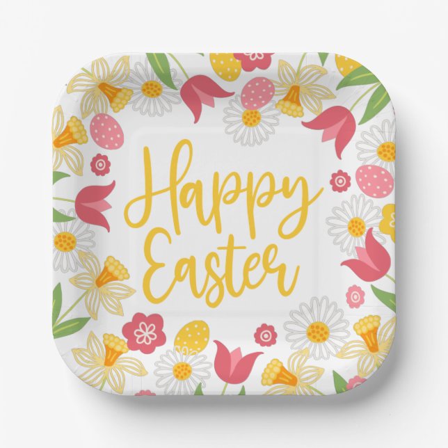Gelbe rote Blumenfrühling Ostern Pappteller (Vorderseite)