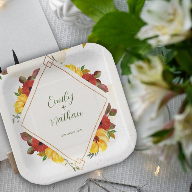 Gelbe Rote Rustikale Hübsche Wasserfarbenblütenhoc Pappteller (Yellow Red Rustic Pretty Watercolor Floral Wedding Paper Plates)