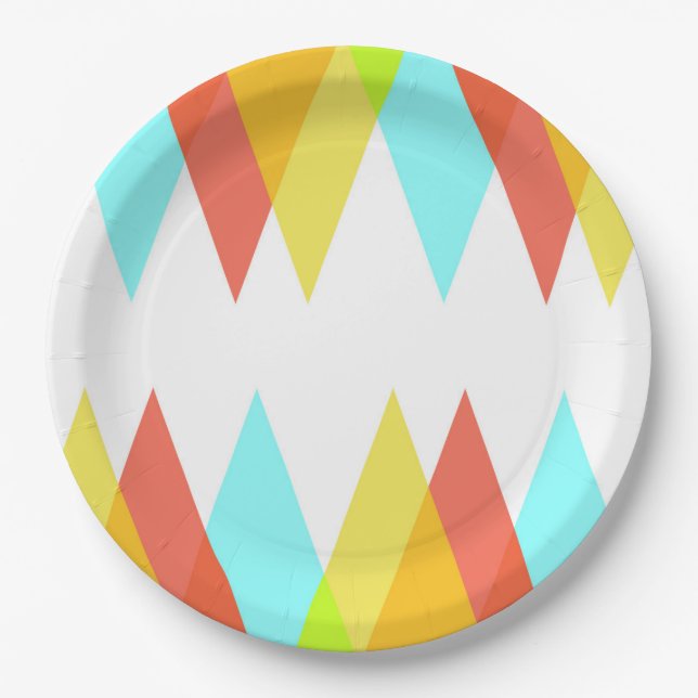 Gelbe, rote und kadettenblaue Dreiecke Pappteller (Vorderseite)