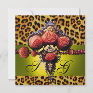 GELBE ROTKORALLEN ROSEN, LEOPARDENFELL-MONOGRAMM EINLADUNG