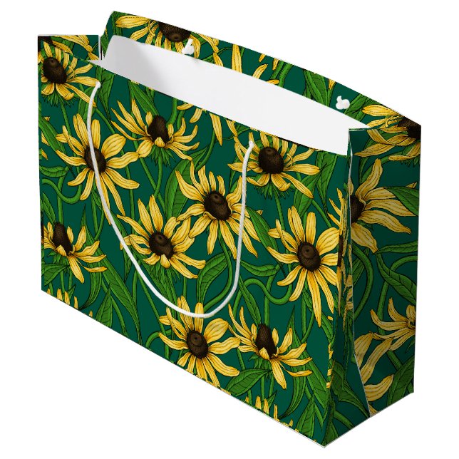 Gelbe Rudbekie auf dunkelgrün Große Geschenktüte (Rückseite Schrägansicht)