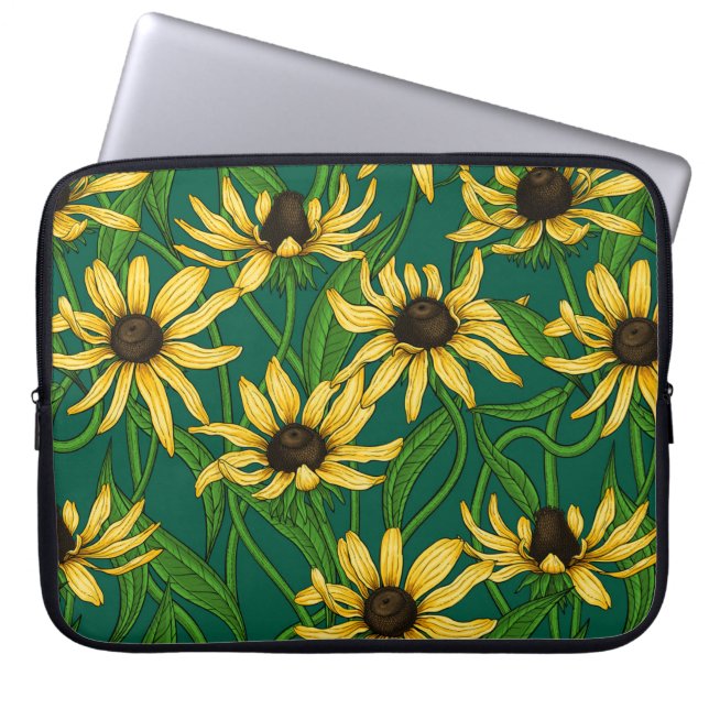 Gelbe Rudbekie auf dunkelgrün Laptopschutzhülle (Vorderseite)