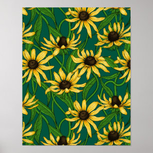 Gelbe Rudbekie auf dunkelgrün Poster