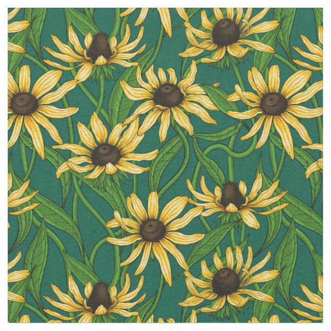 Gelbe Rudbekie auf dunkelgrün Stoff (Nahaufnahme)