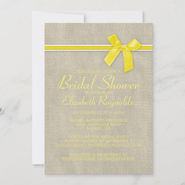 Gelbe Rustikale Burlap Bridal Dusche Einladungen (Vorderseite)