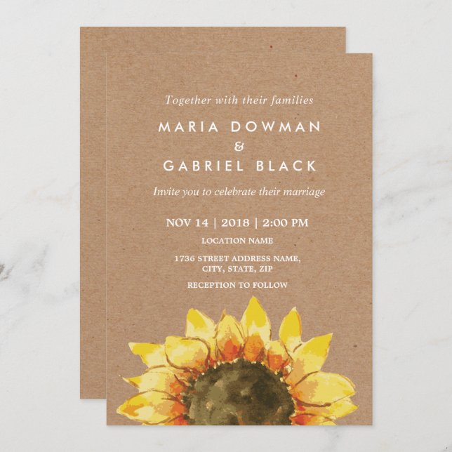 Gelbe Rustikale Sonnenblume. Hochzeit Einladung (Vorne/Hinten)