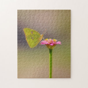 Gelbe Schmetterling auf rosa Zinnia-Blume Puzzle