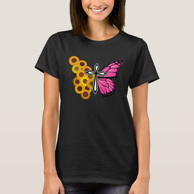 Gelbe Schmetterling Sonnenblumen Glaube an Christl T-Shirt (Vorderseite)