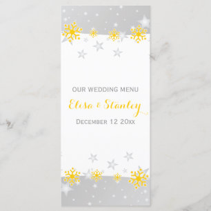 Gelbe Schneeflocken, graue Sterne Hochzeitskarte Menükarte